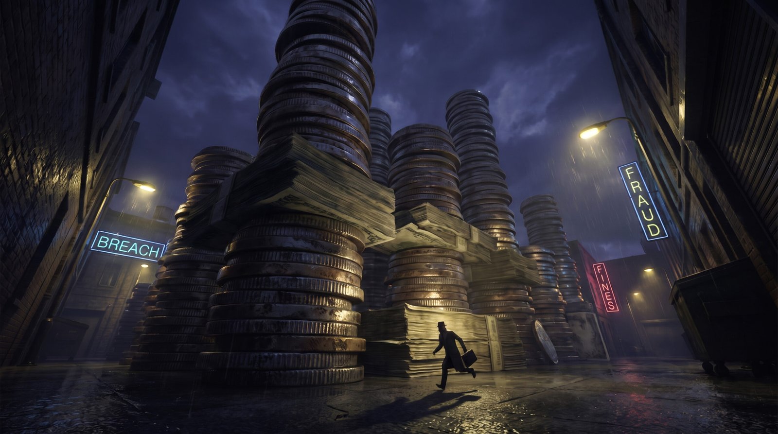 EU AI Act: Was muss mein Unternehmen bei KI-Bildern und Videos jetzt tun? - night scene, shady man running away, fraud, money, fines, breaches, gangster
