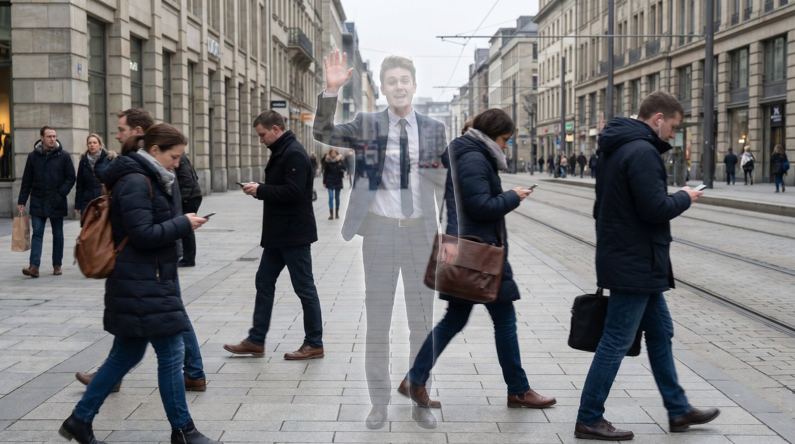 Was ist GEO? Der Unterschied zu SEO - unsichtbarer Geschäftsmann in europäischer Stadt