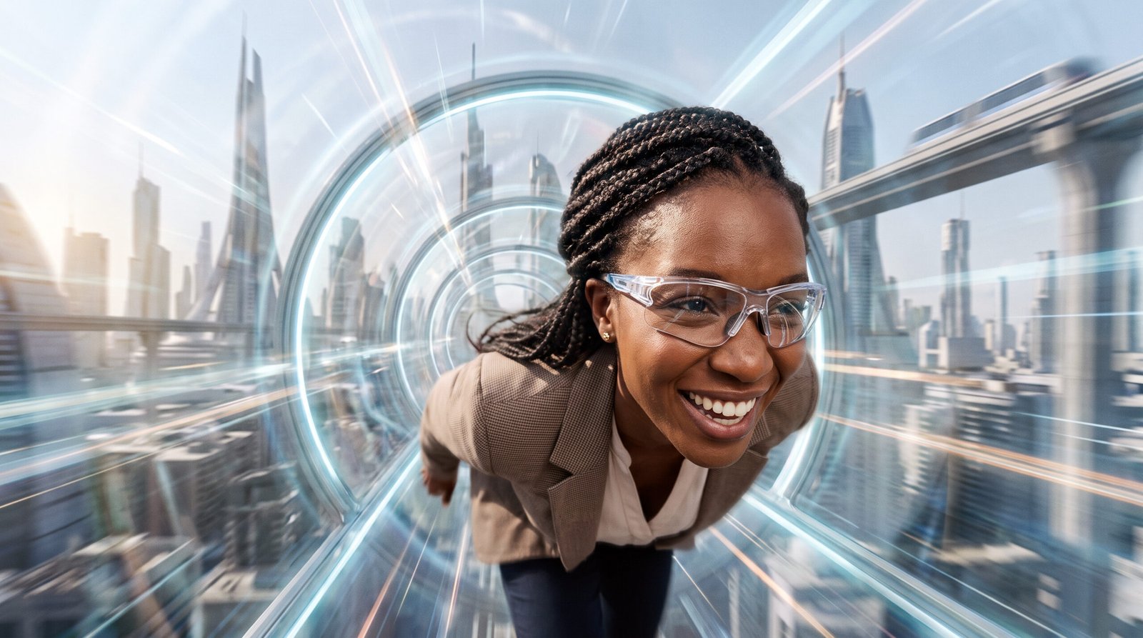 Wie automatisiert man die Content-Produktion mit KI-Pipeline? - Businessfrau in futuristischer Stadt