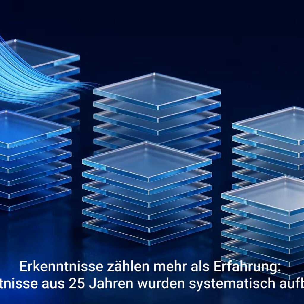01_virtivity-imagefilm-datenstroeme-glasebenen Leuchtende Datenströme fließen über Stapel transparenter Glasebenen im Virtivity-Imagefilm