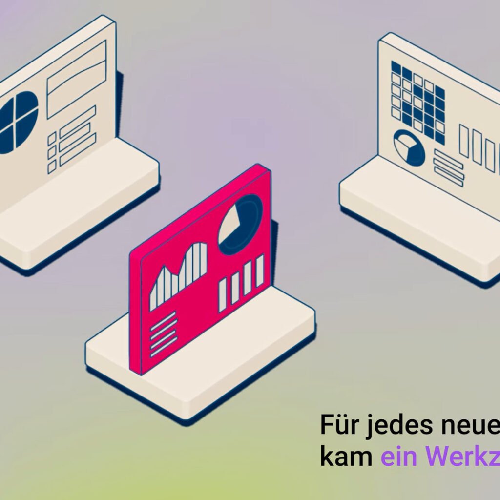 02_apollo-produktvideo-werkzeug-wildwuchs Drei isometrische Dashboard-Tafeln mit dem Untertitel Für jedes neue Problem kam ein Werkzeug dazu