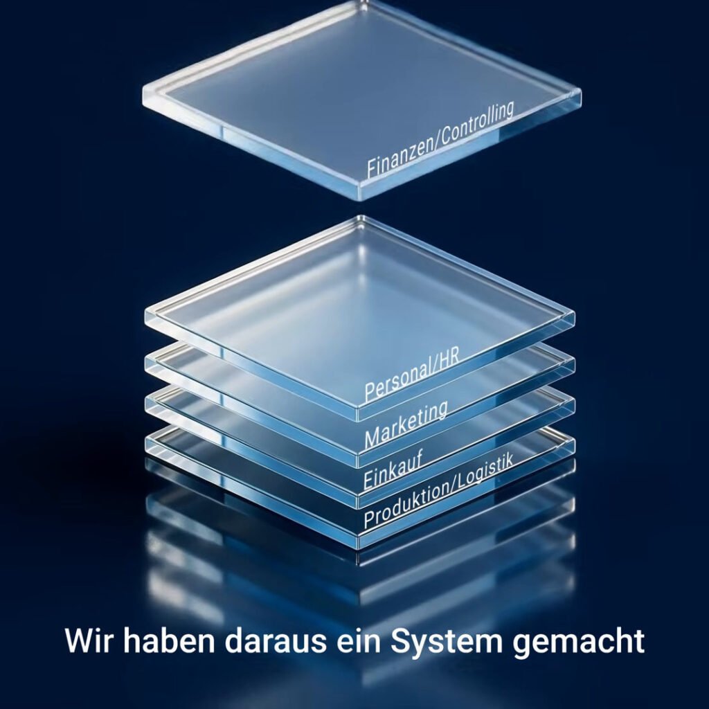 02_virtivity-imagefilm-wissen-wird-system Transparente 3D-Ebenen mit den Beschriftungen Finanzen/Controlling, Personal/HR, Marketing und Einkauf stapeln sich zu einem System