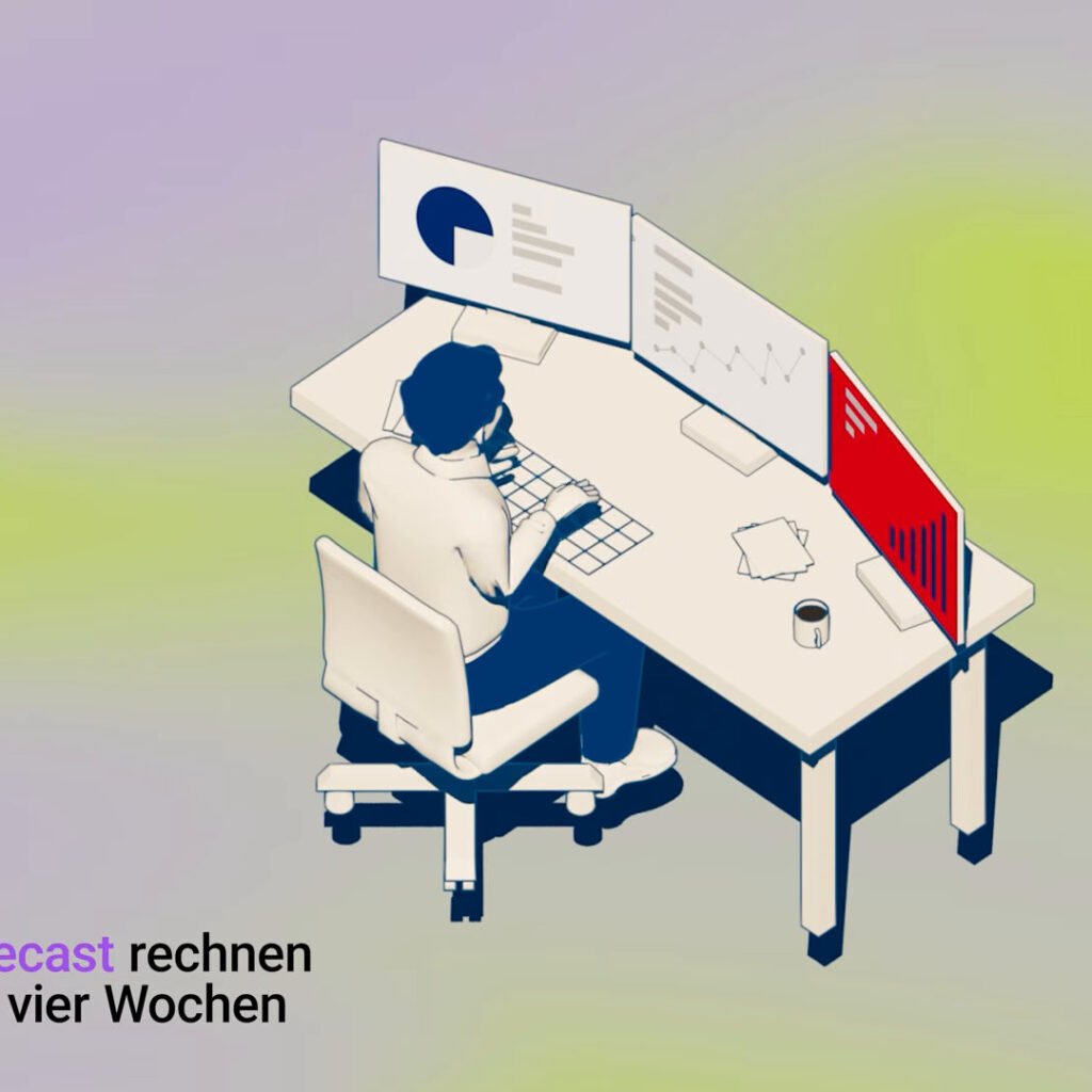03_apollo-produktvideo-forecast-aufwand Controller am Schreibtisch mit dem Untertitel An einem Forecast rechnen fünf Experten vier Wochen