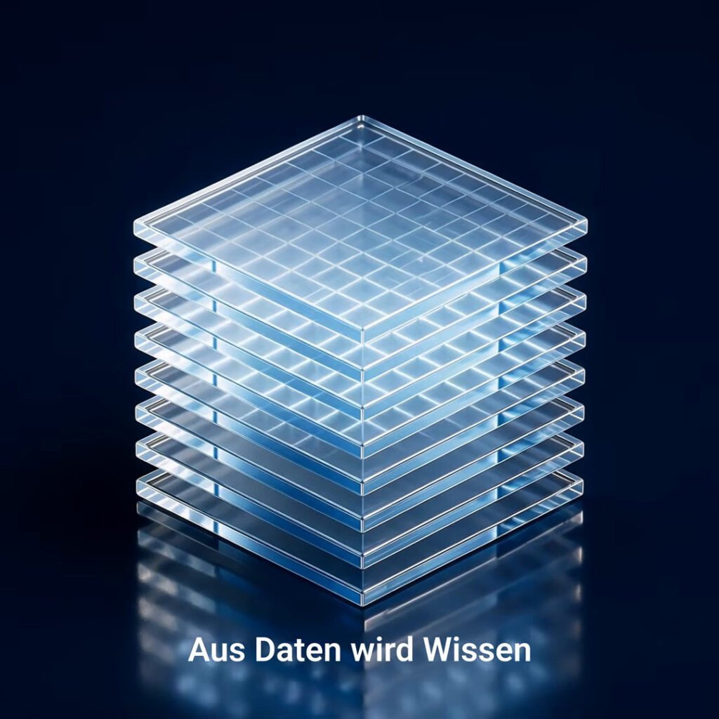 04_virtivity-imagefilm-aus-daten-wird-wissen Hoher Stapel aus Glasebenen mit dem Untertitel Aus Daten wird Wissen