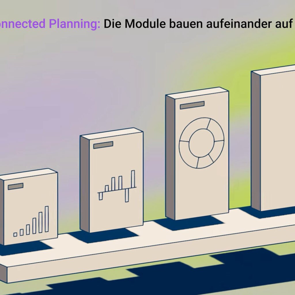 06_apollo-produktvideo-connected-planning Vier aufsteigende Modul-Stelen mit dem Untertitel Connected Planning: Die Module bauen aufeinander auf