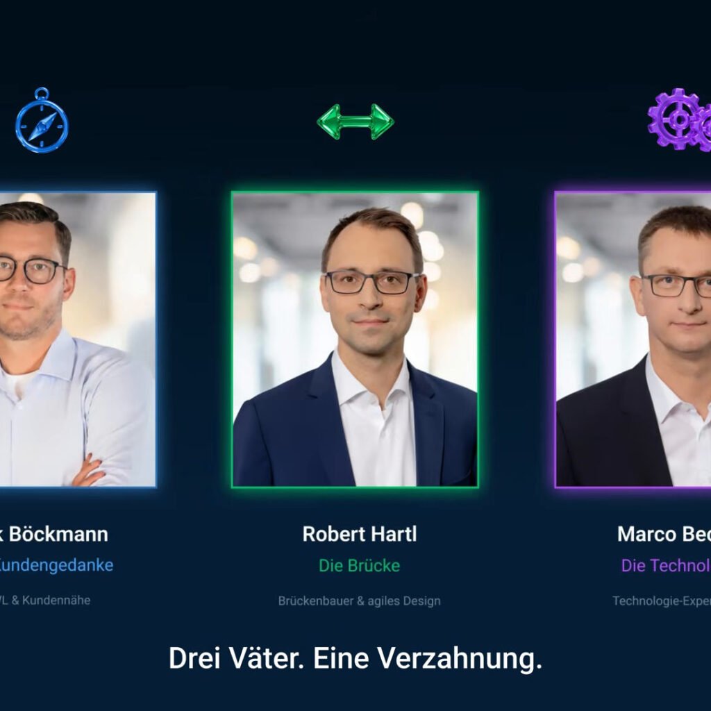 06_virtivity-imagefilm-drei-gruender Drei Porträts mit den Rollen Kundengedanke, Brücke und Technologie und dem Untertitel Drei Väter. Eine Verzahnung.