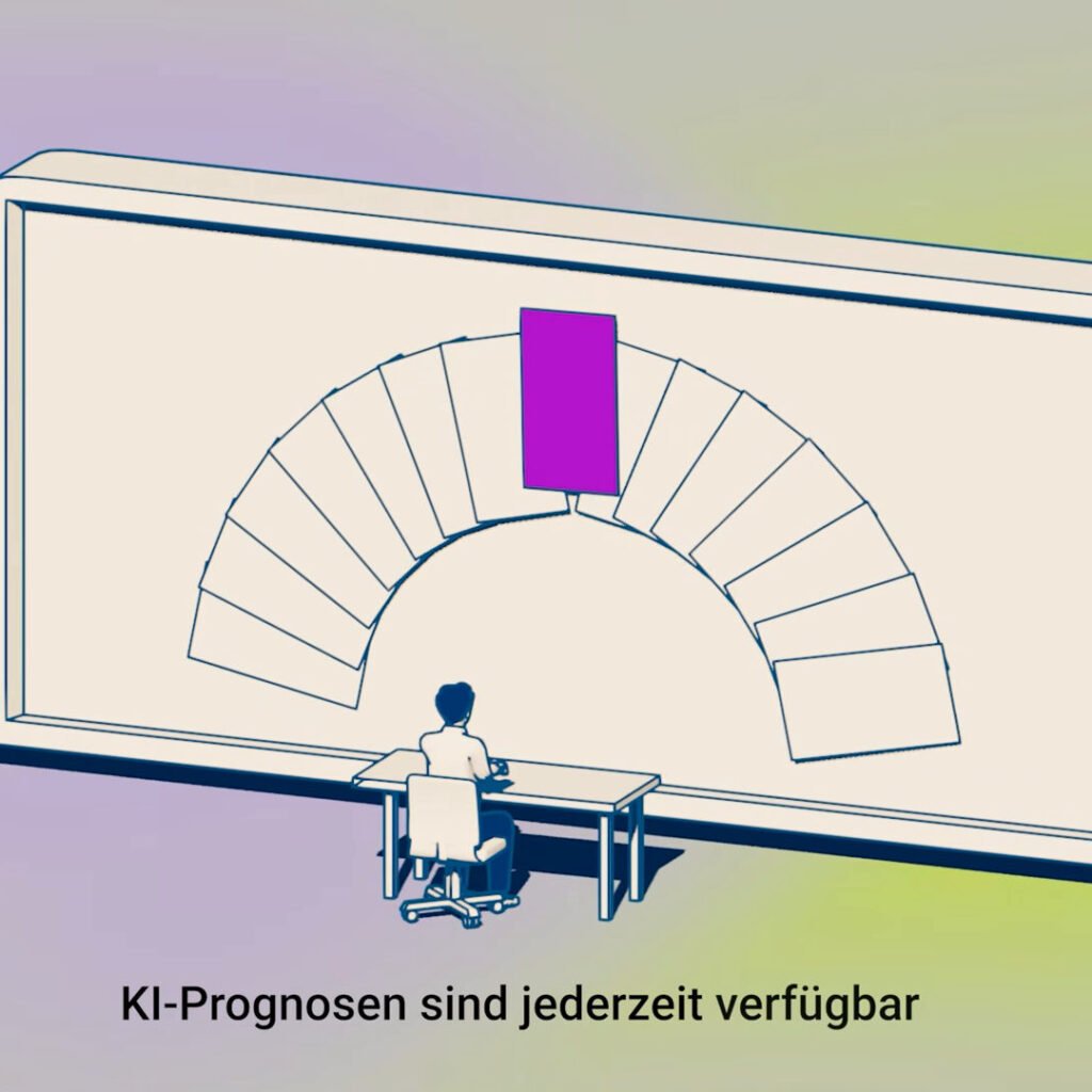 07_apollo-produktvideo-ki-prognosen Große Wand mit Bogen aus Kacheln und kleiner Schreibtischfigur, Untertitel KI-Prognosen sind jederzeit verfügbar
