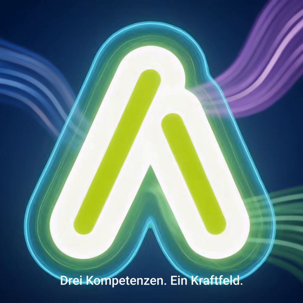 07_virtivity-imagefilm-apollo-emblem Leuchtendes APOLLO-Emblem vor farbigen Lichtströmen mit dem Untertitel Drei Kompetenzen. Ein Kraftfeld.