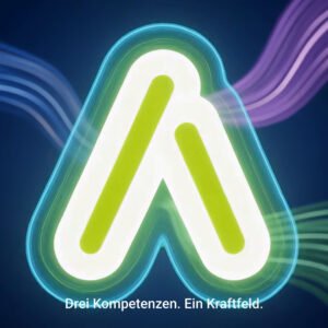 Leuchtendes APOLLO-Emblem vor farbigen Lichtströmen mit dem Untertitel Drei Kompetenzen. Ein Kraftfeld.