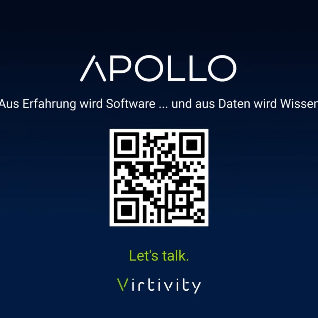 08_virtivity-imagefilm-endcard Endscreen mit APOLLO-Logo, QR-Code und dem Claim Aus Erfahrung wird Software, und aus Daten wird Wissen