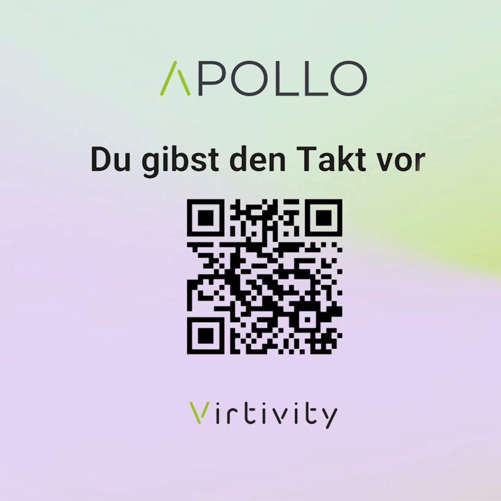 09_apollo-produktvideo-endcard Endscreen mit APOLLO-Logo, Claim Du gibst den Takt vor, QR-Code und Virtivity-Logo